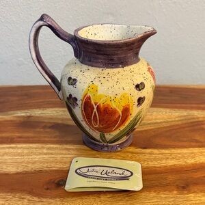 Vintage Cottagecore Hand Painted Floral Tulip Ceramic Pitcher Creamer Jug Home